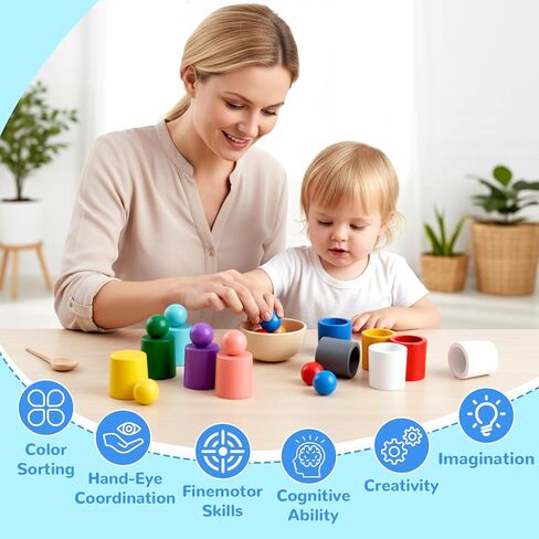 Color Sorting Toys, Wooden Montessori Rainbow Matching Game for Kids 3+ | 10 sorting cups, wooden rainbow balls, wooden spoon, plastic tongs, storage box, for color matching and fine motor play in Kuwait
