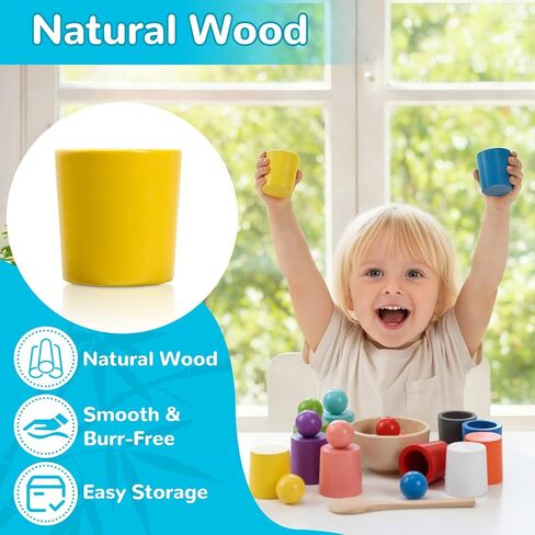 Color Sorting Toys, Wooden Montessori Rainbow Matching Game for Kids 3+ | 10 sorting cups, wooden rainbow balls, wooden spoon, plastic tongs, storage box, for color matching and fine motor play in Kuwait