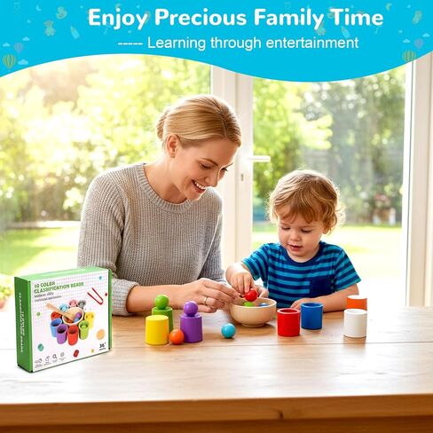 Color Sorting Toys, Wooden Montessori Rainbow Matching Game for Kids 3+ | 10 sorting cups, wooden rainbow balls, wooden spoon, plastic tongs, storage box, for color matching and fine motor play in Kuwait