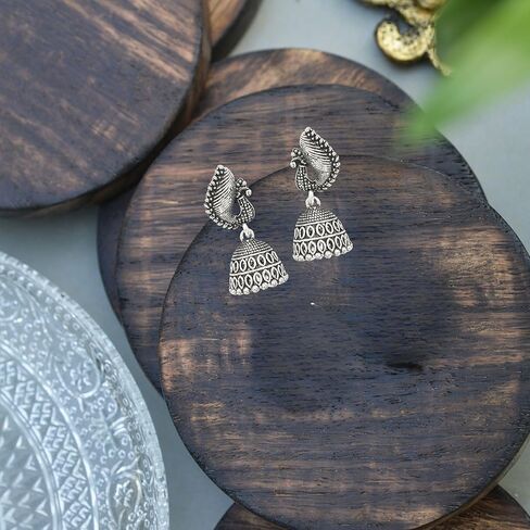 Handmade Peacock Design Bollywood Jewellery Traditional Handcrafted Ethnic Oxidized Party Wear Bridal Bride Wedding Bridesmaid Indian Small Jhumka Jhumki Earrings Jewelry for Womens in Saudi Arabia