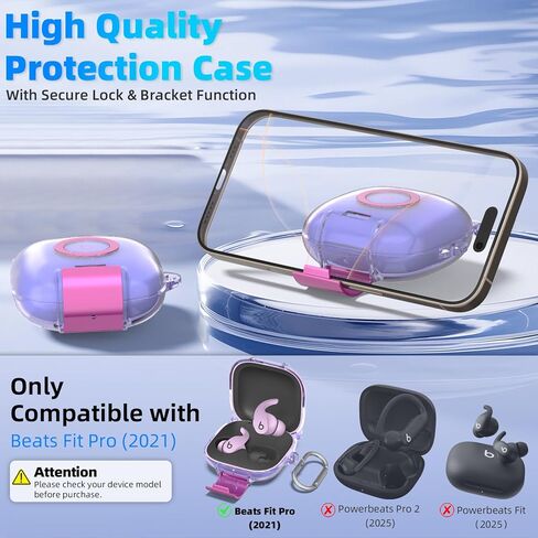 for Beats Fit Pro Case with Secure Lock and Phone Stand, Shockpoof Clear Cover Case Compatible with Beats Fit Pro (2021) Earbuds Accessories with Cleaner Kit & Keychain (Purple) in Saudi Arabia