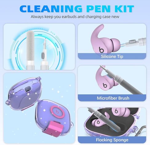 for Beats Fit Pro Case with Secure Lock and Phone Stand, Shockpoof Clear Cover Case Compatible with Beats Fit Pro (2021) Earbuds Accessories with Cleaner Kit & Keychain (Purple) in Saudi Arabia