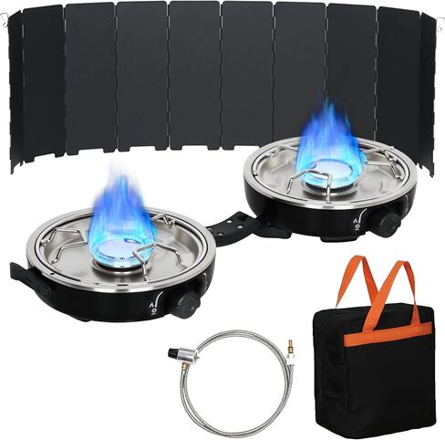 Propane 2-Burner Camping Stove with Windscreen, Portable& Foldable Camping Stoves with Carry Bag, 20000 BTU Camp Stove with Adjustable Burners& Piezo Ignition for Camping& Outdoor (Black) in Saudi Arabia