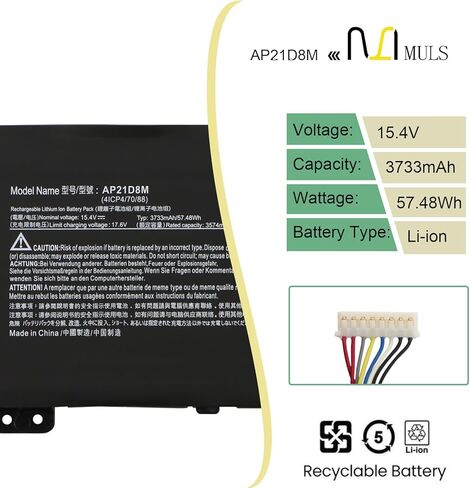 MULS AP21D8M 57.48Wh استبدال بطارية الكمبيوتر المحمول لشركة أيسر نيترو 5 AN515-46 AN515-47 AN515-58 AN515-58-56CL AN515-58-766R AN515-58-72QR، نيترو V 15 ANV15-51، نيترو 16 AN16-51 AN16-51-74BV 15.4 فولت in Saudi Arabia