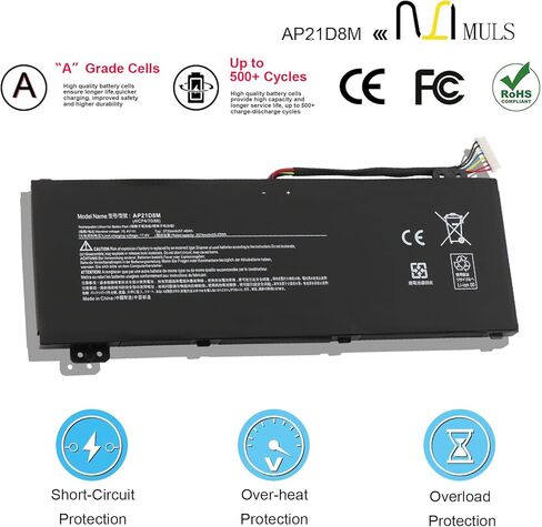 MULS AP21D8M 57.48Wh استبدال بطارية الكمبيوتر المحمول لشركة أيسر نيترو 5 AN515-46 AN515-47 AN515-58 AN515-58-56CL AN515-58-766R AN515-58-72QR، نيترو V 15 ANV15-51، نيترو 16 AN16-51 AN16-51-74BV 15.4 فولت in Saudi Arabia