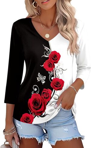 Lomon Women's V Neck T Shirts 3/4 Sleeve Blouse Summer Tops Dressy Casual Basic Tees in Saudi Arabia