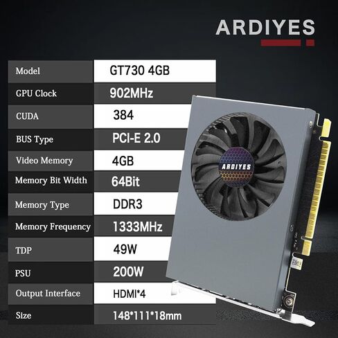 بطاقة رسومات GT 730 سعة 4 جيجابايت GDDR3 GPU 4X HDMI، 4 إعدادات عرض مستقلة متعددة الشاشات، بطاقة فيديو DDR3 64 بت للكمبيوتر الشخصي ITX فتحة واحدة PCI Express in Kuwait