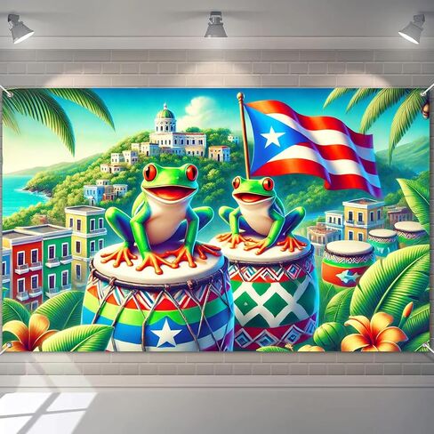Puerto Rico Coqui Frog Backdrop 71x43 Inch Caribbean Drum Banner with Boricua Flag Tropical Houses and Island Scenery for Puerto Rican Festival Party Latin Heritage Indoor Wall Decoration in Saudi Arabia