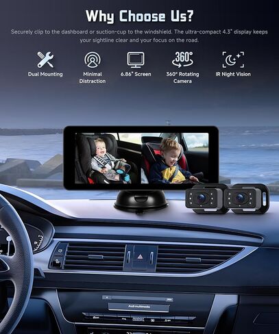 كاميرا سيارة للمقعد الخلفي للمقعد الخلفي HD-Rear-Facing CarBaby Monitor للرؤية الليلية، زاوية رؤية قابلة للتعديل، إعداد سهل، كاميرا قابلة للدوران 360 درجة، أمان للأطفال 6.86 بوصة IPS شاشة مراقبة الطفل للسيارة منقسمة in Kuwait