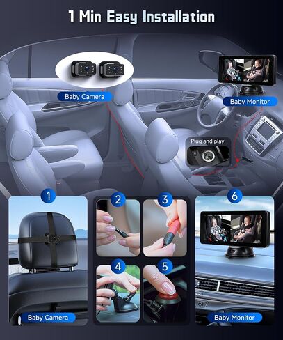 كاميرا سيارة للمقعد الخلفي للمقعد الخلفي HD-Rear-Facing CarBaby Monitor للرؤية الليلية، زاوية رؤية قابلة للتعديل، إعداد سهل، كاميرا قابلة للدوران 360 درجة، أمان للأطفال 6.86 بوصة IPS شاشة مراقبة الطفل للسيارة منقسمة in Kuwait