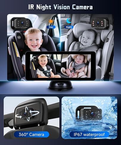 كاميرا سيارة للمقعد الخلفي للمقعد الخلفي HD-Rear-Facing CarBaby Monitor للرؤية الليلية، زاوية رؤية قابلة للتعديل، إعداد سهل، كاميرا قابلة للدوران 360 درجة، أمان للأطفال 6.86 بوصة IPS شاشة مراقبة الطفل للسيارة منقسمة in Kuwait
