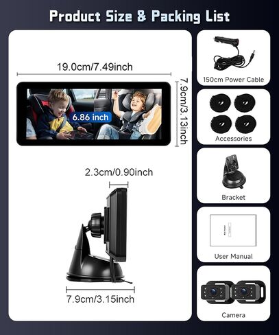 كاميرا سيارة للمقعد الخلفي للمقعد الخلفي HD-Rear-Facing CarBaby Monitor للرؤية الليلية، زاوية رؤية قابلة للتعديل، إعداد سهل، كاميرا قابلة للدوران 360 درجة، أمان للأطفال 6.86 بوصة IPS شاشة مراقبة الطفل للسيارة منقسمة in Kuwait