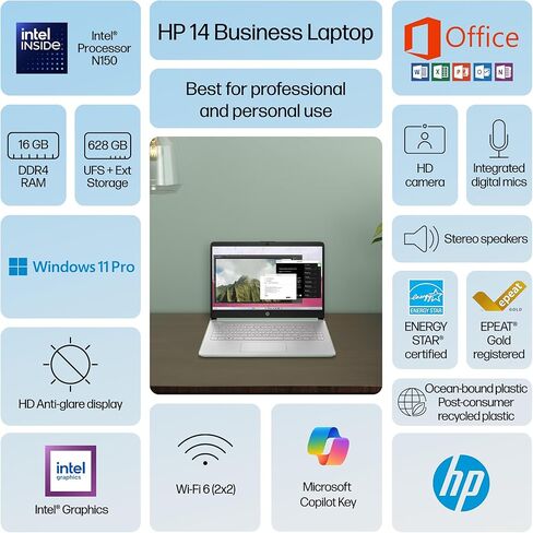 HP 14" Laptop Computer 2025-2026 Business Student, Copilot AI, Lifetime Office, 4-Core Intel CPU, 16GB RAM, 628GB Storage (128GB UFS+500GB Ext), Wi-Fi 6, 10+ Hrs, MarxsolAccessory, Win 11 Pro, Green in Kuwait