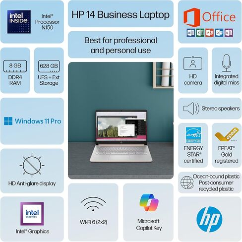 HP 14" Laptop Computer 2025-2026 Business Student, Copilot AI, Lifetime Office, 4-Core Intel CPU, 16GB RAM, 628GB Storage (128GB UFS+500GB Ext), Wi-Fi 6, 10+ Hrs, MarxsolAccessory, Win 11 Pro, Green in Kuwait