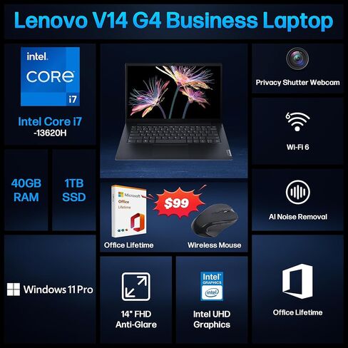 Lenovo V14 G4 Business Laptop, 14" FHD Anti-Glare, Intel Core i7-13620H, 40GB RAM, 1TB SSD, Privacy Shutter Webcam, Windows 11 Pro, Includes Accessory Kit & Office Lifetime, Thin & Portable, Black in Saudi Arabia