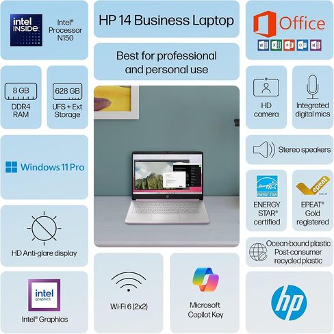 كمبيوتر محمول HP 14 بوصة 2025-2026 Business Student، Copilot AI، Lifetime Office، وحدة المعالجة المركزية Intel 4-Core، ذاكرة وصول عشوائي 16 جيجابايت، تخزين 628 جيجابايت (128 جيجابايت UFS + 500 جيجابايت تحويلة)، Wi-Fi 6، 10+ ساعات، MarxsolAccessory، Win 11 in Kuwait