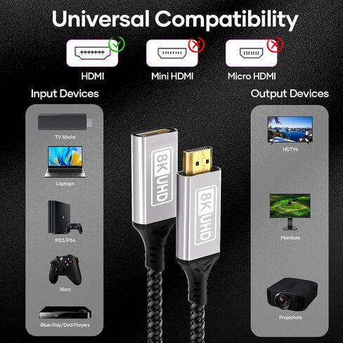 HDMI Extender,6.56FT(2M) Cable 10K 8K@60HZ/4K@144HZ,HDMI 2.1 Extender Cable Male to Female 48Gbps Ultra High Speed UHD HDCP Dynamic HDR10+ eARC Compatible with PS5/PS4 TV Stick HDTV Projector in Kuwait