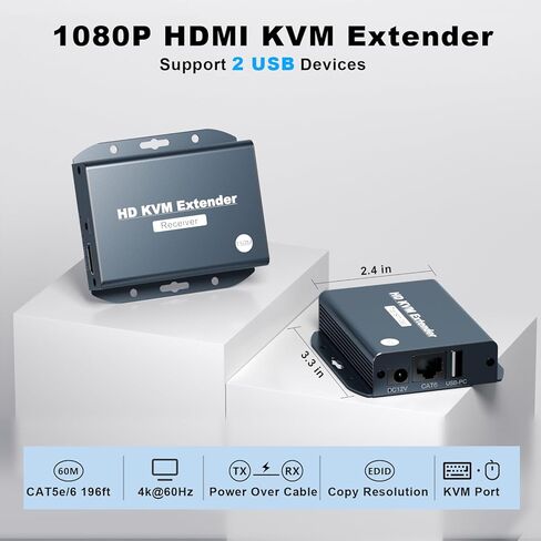 4K HDMI KVM عبر موسع إيثرنت Balun عبر CAT5e/6/7 كابل 4K @ 60 هرتز حتى 200 قدم، يدعم لوحة المفاتيح والماوس USB HDMI Loop Out HDCP2.2، الطاقة عبر الكابل بدون الكمون in Kuwait