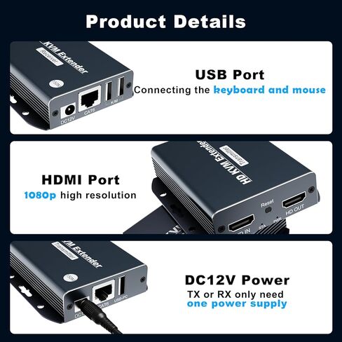 4K HDMI KVM عبر موسع إيثرنت Balun عبر CAT5e/6/7 كابل 4K @ 60 هرتز حتى 200 قدم، يدعم لوحة المفاتيح والماوس USB HDMI Loop Out HDCP2.2، الطاقة عبر الكابل بدون الكمون in Kuwait