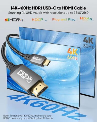 كابل USB C إلى HDMI بطول 2 قدم، كابل USB قصير من النوع C إلى HDMI 2.0 [4K@60 هرتز، عالي السرعة] سلك شاشة مجدول متوافق مع Thunderbolt 5/4/3، MacBook Pro Air/Mac Mini/iPad/iPhone17/16، Galaxy S25 in Kuwait