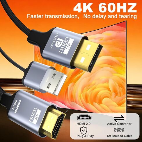 محول HDMI إلى DisplayPort، 6 أقدام نشط 4K@60 هرتز HDMI إلى DP كابل مجدول، HDMI أحادي الاتجاه إلى DP مع طاقة USB لجهاز PS5، Xbox Series X/S، Switch، الكمبيوتر الشخصي، الكمبيوتر المحمول إلى شاشة DP، NVIDIA AMD in Saudi Arabia