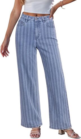 GRAPENT Striped Jeans for Women Trendy High Waisted Wide Leg Dressy Casual Slight Stretch Denim Pants Trouser Jeans in Saudi Arabia