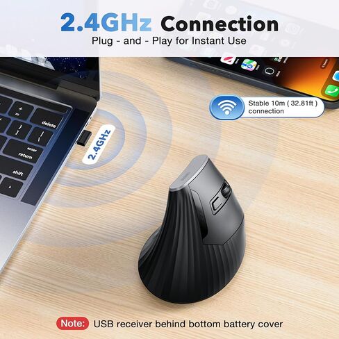 Uineer Vertical Mouse, 2.4GHz Ergonomic Wireless Bluetooth Mouse, 800/1200/1600/2400 Adjustable Dpi, 5 Buttons Ergonomic Mouse for Laptop, PC, Mac, Comfort and Reduced Wrist Strain (Black) in Saudi Arabia