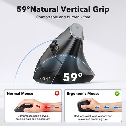 Uineer Vertical Mouse, 2.4GHz Ergonomic Wireless Bluetooth Mouse, 800/1200/1600/2400 Adjustable Dpi, 5 Buttons Ergonomic Mouse for Laptop, PC, Mac, Comfort and Reduced Wrist Strain (Black) in Saudi Arabia