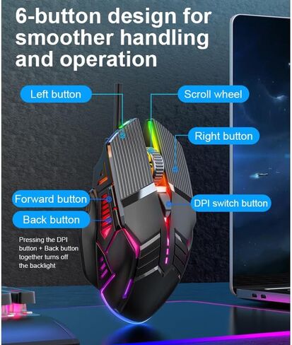 Gaming Mouse, 3200 DPI Adjustable Optical Wired Mouse, 6 Key and Colorful Lighting Effects for Windows/Mac/Laptop, Black in Saudi Arabia