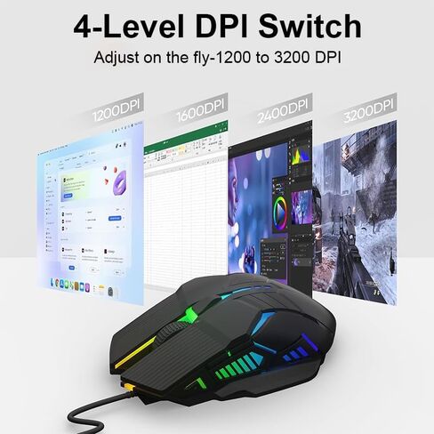 Gaming Mouse, 3200 DPI Adjustable Optical Wired Mouse, 6 Key and Colorful Lighting Effects for Windows/Mac/Laptop, Black in Saudi Arabia