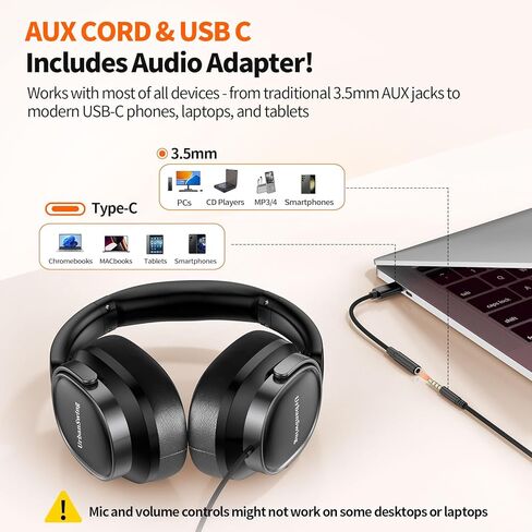 سماعات رأس سلكية W70 فوق الأذن مع ميكروفون، ومحول USB-C بالإضافة إلى مقبس 3.5 مم وحقيبة سفر صلبة، سلك مضفر طويل للغاية بطول 4.9 أقدام لأجهزة iPad وiPhone 16/17 وSamsung وPS5 والمراهقين والبالغين in Kuwait
