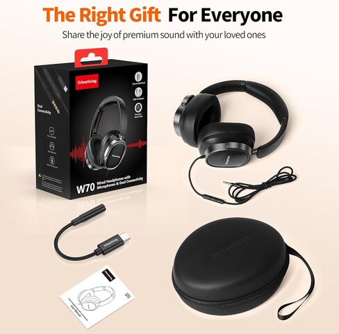 سماعات رأس سلكية W70 فوق الأذن مع ميكروفون، ومحول USB-C بالإضافة إلى مقبس 3.5 مم وحقيبة سفر صلبة، سلك مضفر طويل للغاية بطول 4.9 أقدام لأجهزة iPad وiPhone 16/17 وSamsung وPS5 والمراهقين والبالغين in Kuwait