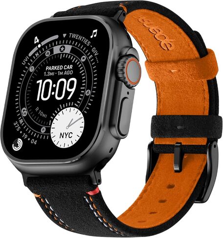 حزام من الجلد السويدي Bandletic متوافق مع Apple Watch Ultra 3 2 1 Band 49mm للرجال، حزام بديل مسامي لسلسلة iWatch 11 10 (46 مم)، 9 8 7 (45 مم)، SE3 SE2 SE 6 5 4 (44 مم)، أسود/برتقالي in Saudi Arabia