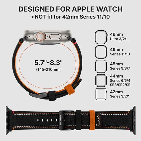 حزام من الجلد السويدي Bandletic متوافق مع Apple Watch Ultra 3 2 1 Band 49mm للرجال، حزام بديل مسامي لسلسلة iWatch 11 10 (46 مم)، 9 8 7 (45 مم)، SE3 SE2 SE 6 5 4 (44 مم)، أسود/برتقالي in Saudi Arabia