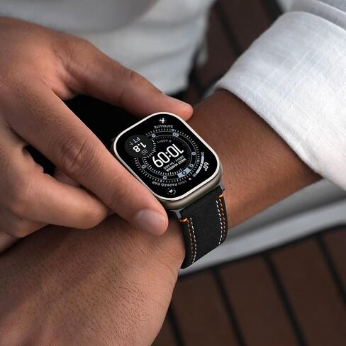 حزام من الجلد السويدي Bandletic متوافق مع Apple Watch Ultra 3 2 1 Band 49mm للرجال، حزام بديل مسامي لسلسلة iWatch 11 10 (46 مم)، 9 8 7 (45 مم)، SE3 SE2 SE 6 5 4 (44 مم)، أسود/برتقالي in Saudi Arabia