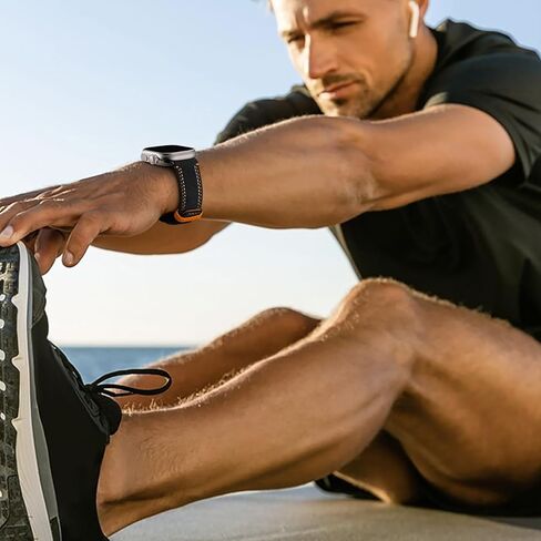 حزام من الجلد السويدي Bandletic متوافق مع Apple Watch Ultra 3 2 1 Band 49mm للرجال، حزام بديل مسامي لسلسلة iWatch 11 10 (46 مم)، 9 8 7 (45 مم)، SE3 SE2 SE 6 5 4 (44 مم)، أسود/برتقالي in Saudi Arabia