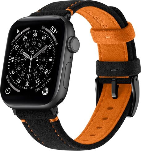 حزام من الجلد السويدي Bandletic متوافق مع Apple Watch Ultra 3 2 1 Band 49mm للرجال، حزام بديل مسامي لسلسلة iWatch 11 10 (46 مم)، 9 8 7 (45 مم)، SE3 SE2 SE 6 5 4 (44 مم)، أسود/برتقالي in Saudi Arabia