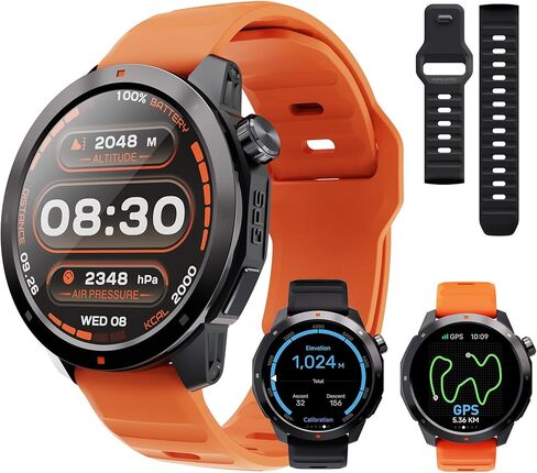 AOLON GPS Smart Watch for Men, 1.43'' AMOLED Smartwatch with Compass/Barometer/Altimeter, Heart Rate/Sleep Monitor, 30M Waterproof, 60+ Sports Fitness Tracker for Android/iOS, Black & Orange (2 Bands) in Saudi Arabia