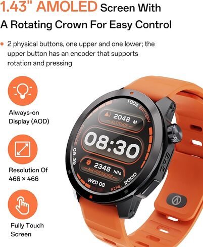 AOLON GPS Smart Watch for Men, 1.43'' AMOLED Smartwatch with Compass/Barometer/Altimeter, Heart Rate/Sleep Monitor, 30M Waterproof, 60+ Sports Fitness Tracker for Android/iOS, Black & Orange (2 Bands) in Saudi Arabia