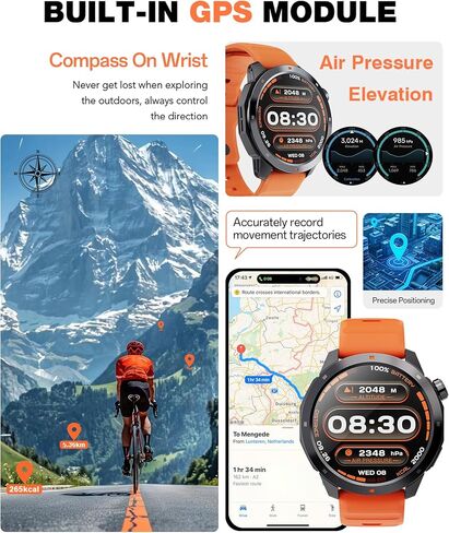 AOLON GPS Smart Watch for Men, 1.43'' AMOLED Smartwatch with Compass/Barometer/Altimeter, Heart Rate/Sleep Monitor, 30M Waterproof, 60+ Sports Fitness Tracker for Android/iOS, Black & Orange (2 Bands) in Saudi Arabia