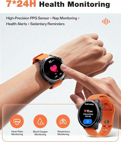 AOLON GPS Smart Watch for Men, 1.43'' AMOLED Smartwatch with Compass/Barometer/Altimeter, Heart Rate/Sleep Monitor, 30M Waterproof, 60+ Sports Fitness Tracker for Android/iOS, Black & Orange (2 Bands) in Saudi Arabia
