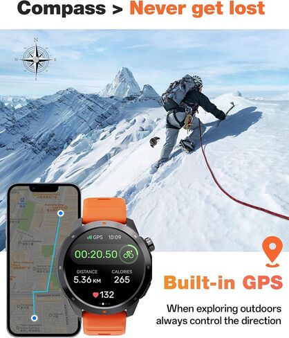 AOLON GPS Smart Watch for Men, 1.43'' AMOLED Smartwatch with Compass/Barometer/Altimeter, Heart Rate/Sleep Monitor, 30M Waterproof, 60+ Sports Fitness Tracker for Android/iOS, Black & Orange (2 Bands) in Saudi Arabia