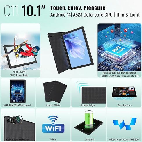 تابلت 10 بوصة، كمبيوتر لوحي Android 14، ذاكرة وصول عشوائي 8 جيجابايت + ذاكرة تخزين داخلية 64 جيجابايت (1 تيرابايت TF)، ثماني النواة 2.0 جيجاهرتز، بلوتوث 5.0، واي فاي 6، Widevine L1، 5 ميجابكسل + 8 ميجابكسل، 5000 مللي أمبير، النوع C (أسود، 10) in Kuwait
