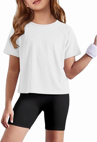 تيشيرتات صيفية للفتيات من CharmWM بأكمام قصيرة وظهر مقصوص للتمارين الرياضية في صالة الألعاب الرياضية وأكمام قصيرة من عمر 3 إلى 14 سنة in Kuwait