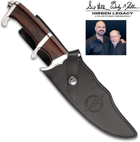 سكين مقاتل Hibben Darkwood Legacy III مع شفرة من الفولاذ المقاوم للصدأ مصقولة ومرآة، ومقبض من الخشب الصلب البني مع واقي يد مصقول ومرآة، وغمد من الجلد الأسود مع حلقة حزام وشعار Hibben منقوش in Kuwait
