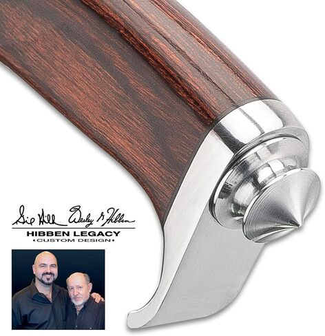 سكين مقاتل Hibben Darkwood Legacy III مع شفرة من الفولاذ المقاوم للصدأ مصقولة ومرآة، ومقبض من الخشب الصلب البني مع واقي يد مصقول ومرآة، وغمد من الجلد الأسود مع حلقة حزام وشعار Hibben منقوش in Kuwait