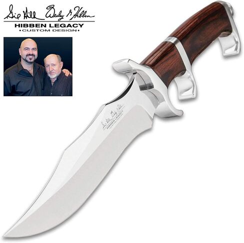 سكين مقاتل Hibben Darkwood Legacy III مع شفرة من الفولاذ المقاوم للصدأ مصقولة ومرآة، ومقبض من الخشب الصلب البني مع واقي يد مصقول ومرآة، وغمد من الجلد الأسود مع حلقة حزام وشعار Hibben منقوش in Kuwait