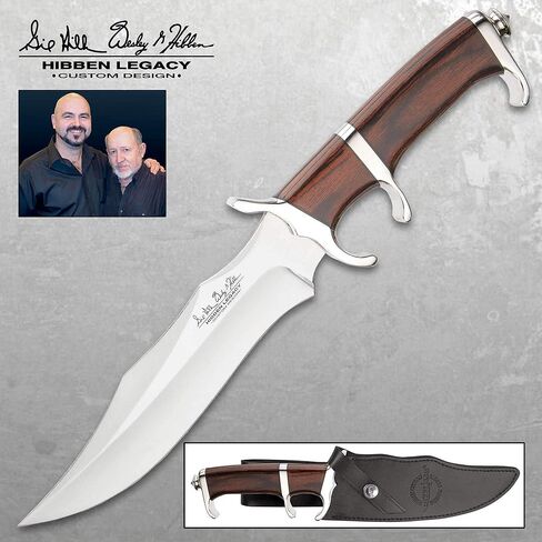 سكين مقاتل Hibben Darkwood Legacy III مع شفرة من الفولاذ المقاوم للصدأ مصقولة ومرآة، ومقبض من الخشب الصلب البني مع واقي يد مصقول ومرآة، وغمد من الجلد الأسود مع حلقة حزام وشعار Hibben منقوش in Kuwait