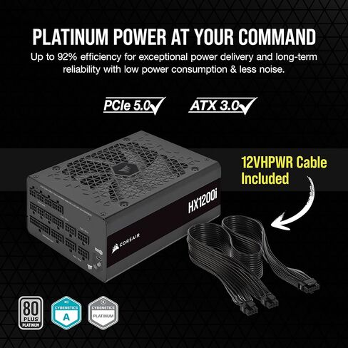 Corsair HX1200i مصدر طاقة ATX وحدات كاملة منخفضة الضوضاء - متوافق مع ATX 3.1 وPCIe 5.1 - مروحة تحمل ديناميكية سائلة - كفاءة بلاتينية 80 بلس - أسود (متجدد) in Kuwait