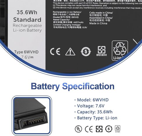 6WVHD 35.6Wh Laptop Battery Replacement for DELL Latitude 7230 Rugged Extreme Tablet T06H T06H001 Series FNW8F 0VDDJY VDDJY 0JM6CX JM6CX 451-BDDY 7.6V 4457mAh in Saudi Arabia